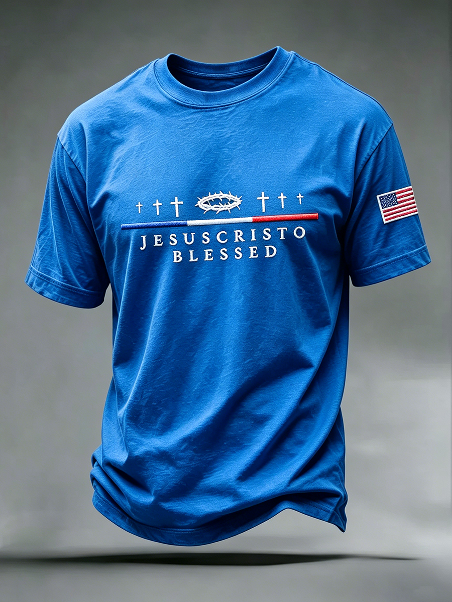 Faith Jesus Cross Embroidered Printed Casual Printed Round Neck T-Shirt
