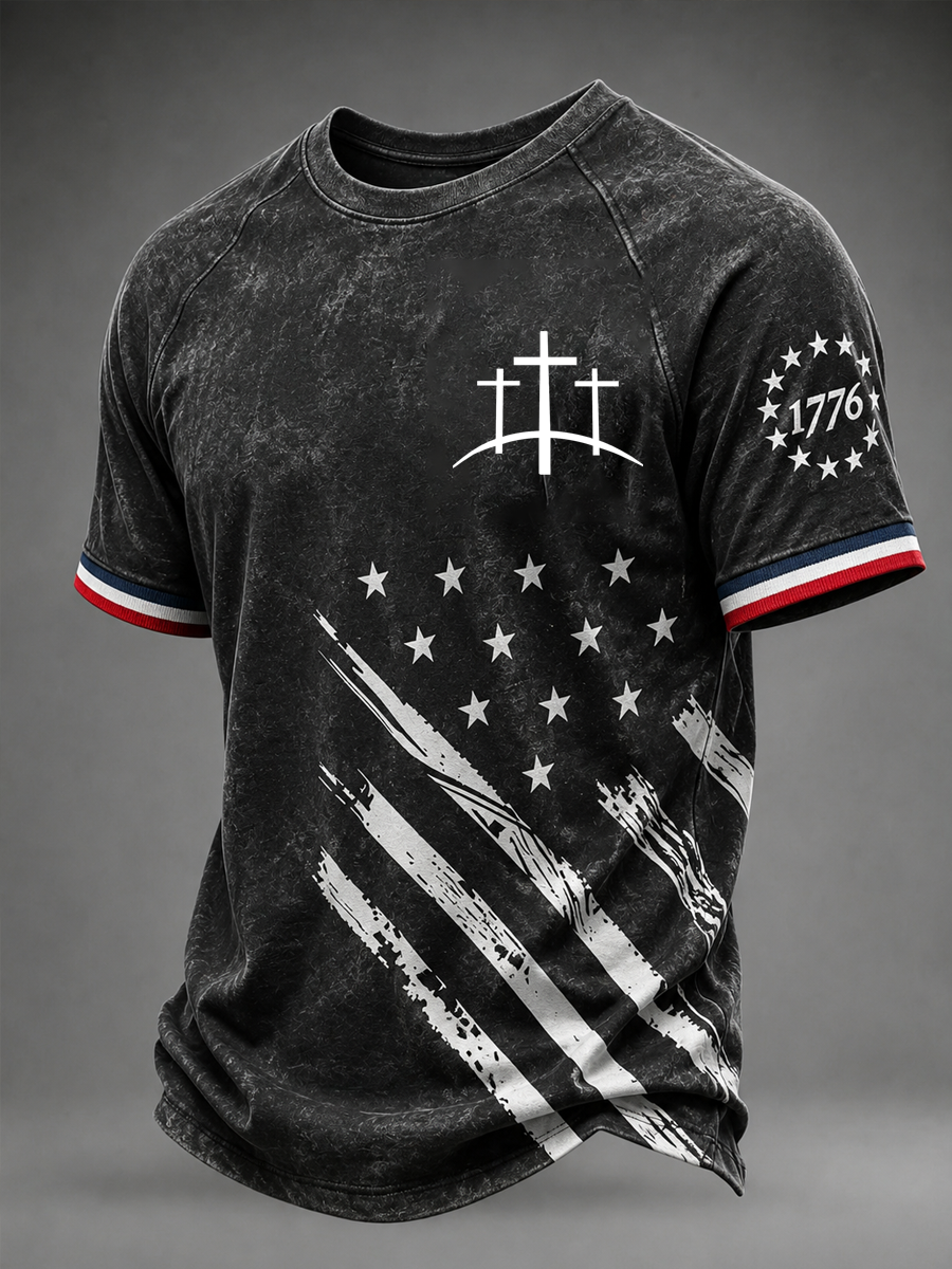 Men's American Flag Print And Cross Short Sleeved T-Shirt