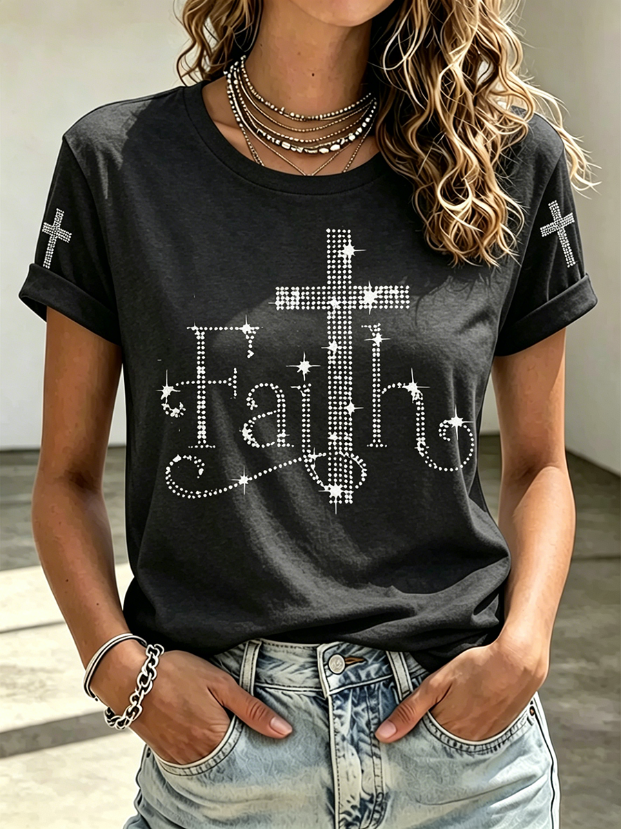 Jesus Faith Sequin Commemorative Print Round Neck Top