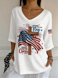 Women's Comfortable Independence Day Flower Flag V-Neck T-Shirt