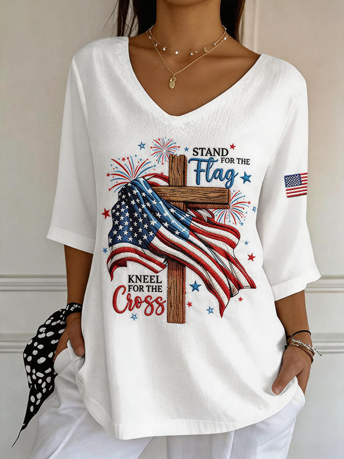 Women's Comfortable Independence Day Flower Flag V-Neck T-Shirt