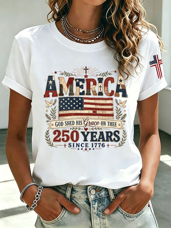 Women's Retro American Flag Combined With Faith Printed T-Shirt
