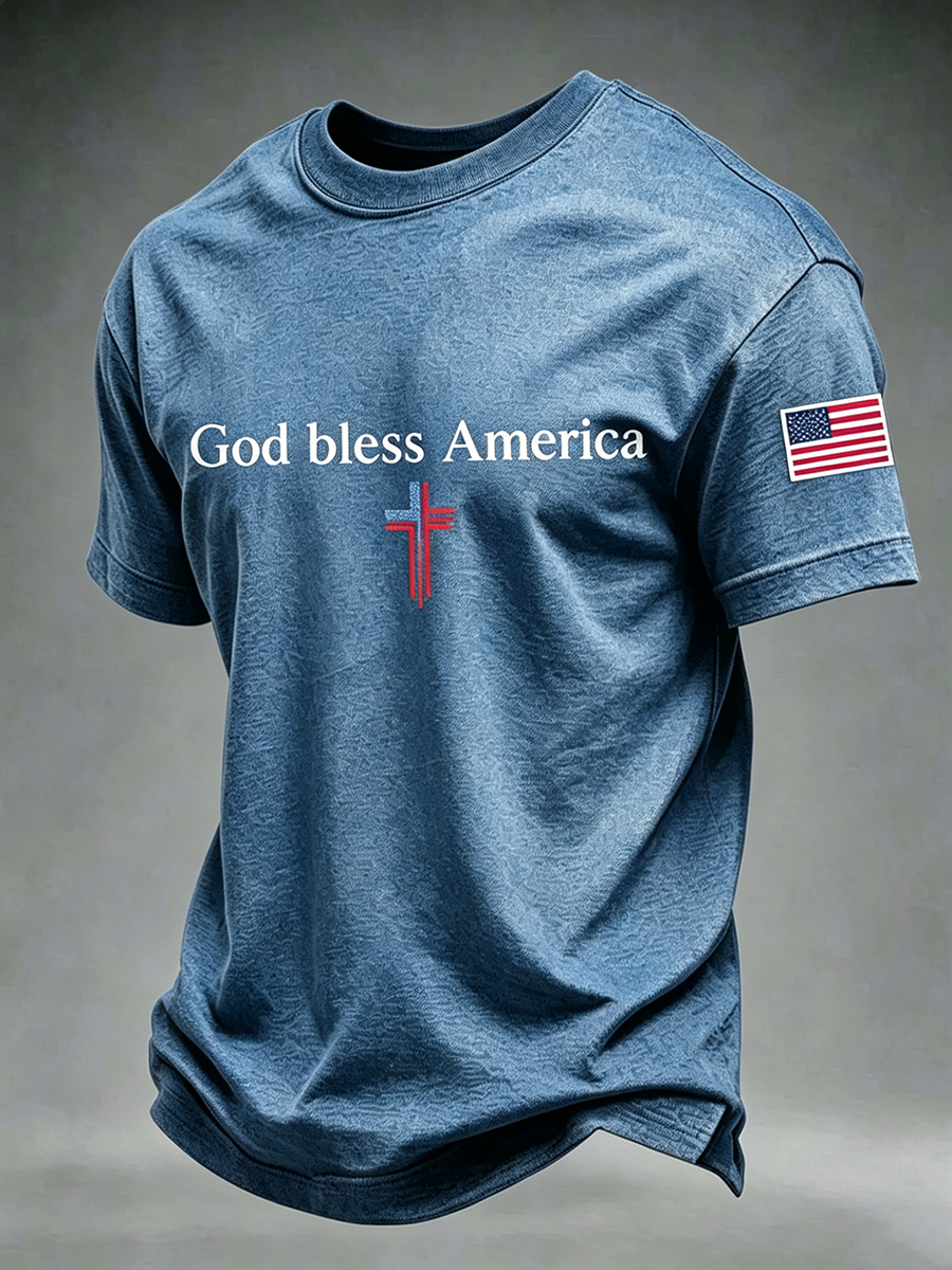 God Bles America Faith Cross Commemorative Printed Round Neck T-Shirt