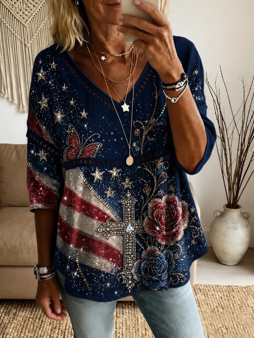 Women's Rhinestone Cross Butterfly American Flag Vintage Denim V Neck Tunic Top