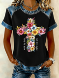 Women'S Clothing Belief Flower Print Denim Patchwork Short Sleeved Printed T-Shirt