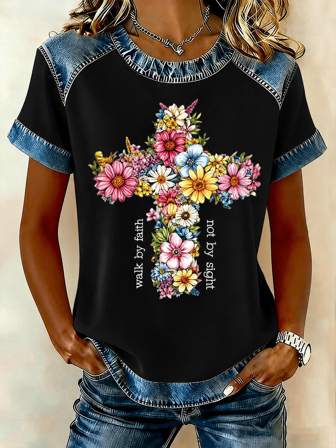 Women'S Clothing Belief Flower Print Denim Patchwork Short Sleeved Printed T-Shirt