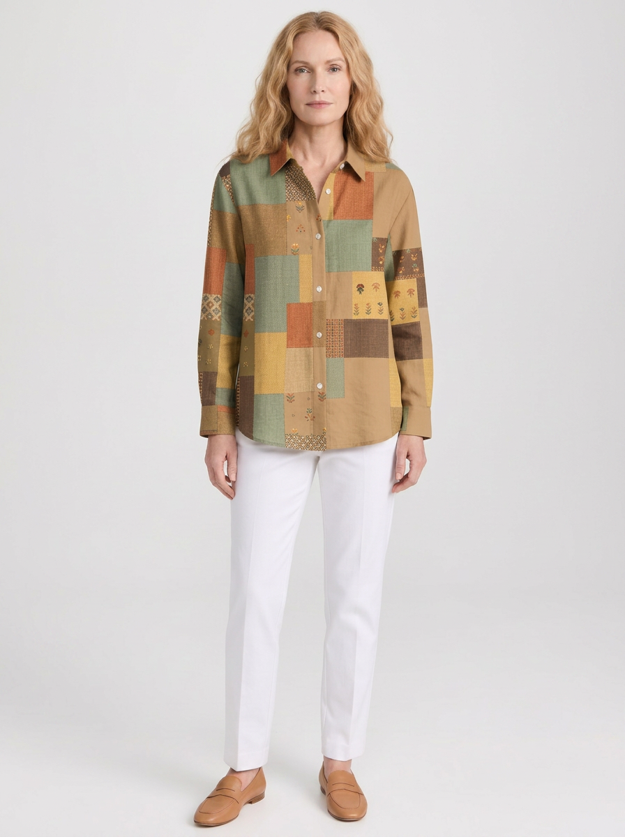 Women's Autumn Boho Patchwork Floral Printed Button-up Shirt