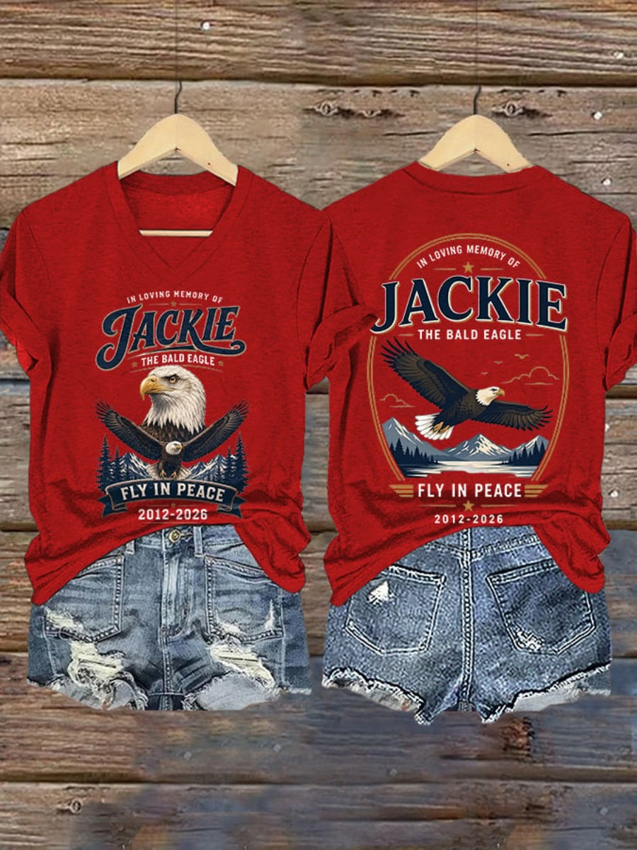 Retro In Loving Memory Of Jackie The Bald Eagle Fly In Peace Print V-Neck T-Shirt