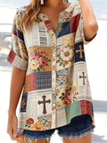 Women'S Retro Casual Floral Cross Art Print Short-Sleeve Shirt