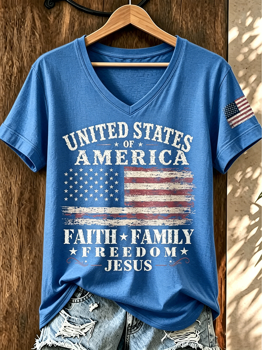 American Faith Jesus Commemorative Print V-Neck Top
