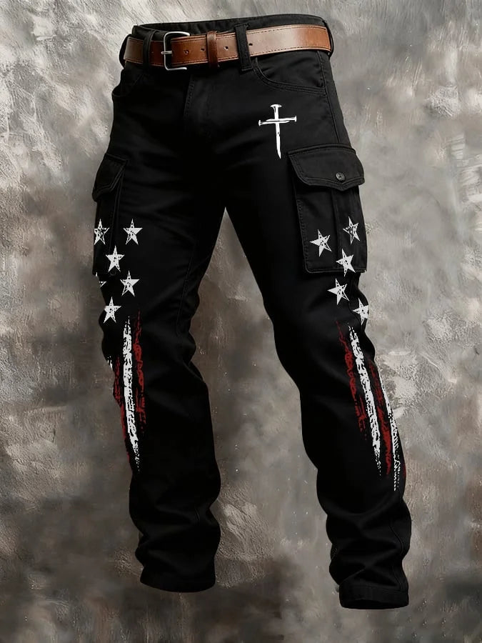 Men'S Casual American Flag Faith Cross Personalized Printed Workwear Pants