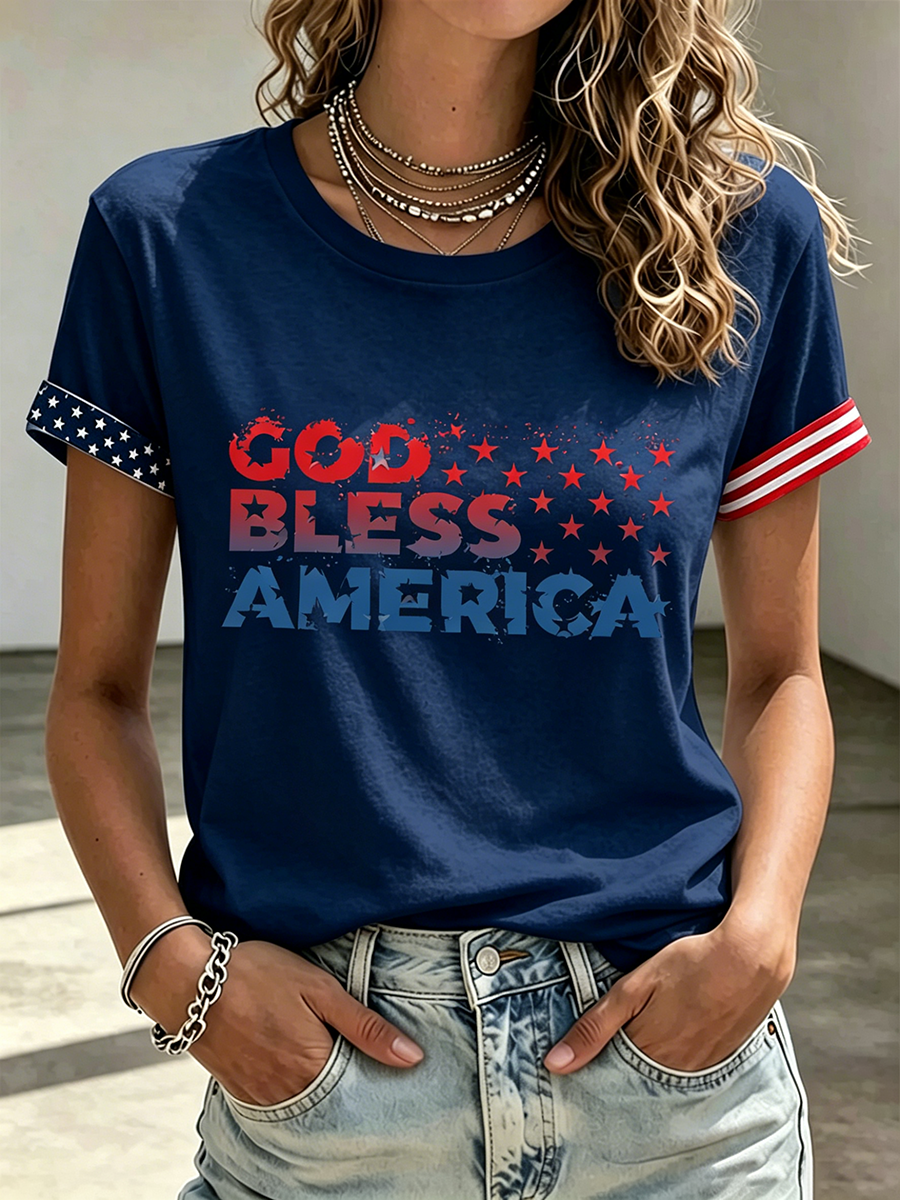 God Bless America Faith Commemorative Printed Casual T-Shirt