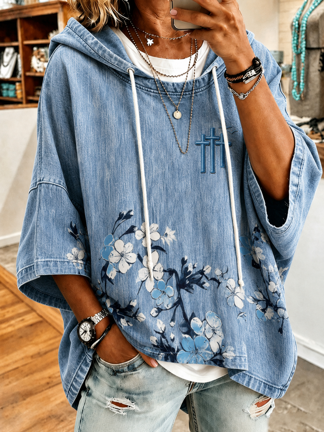 Women's Faith Flower Cross Printed Hoodie
