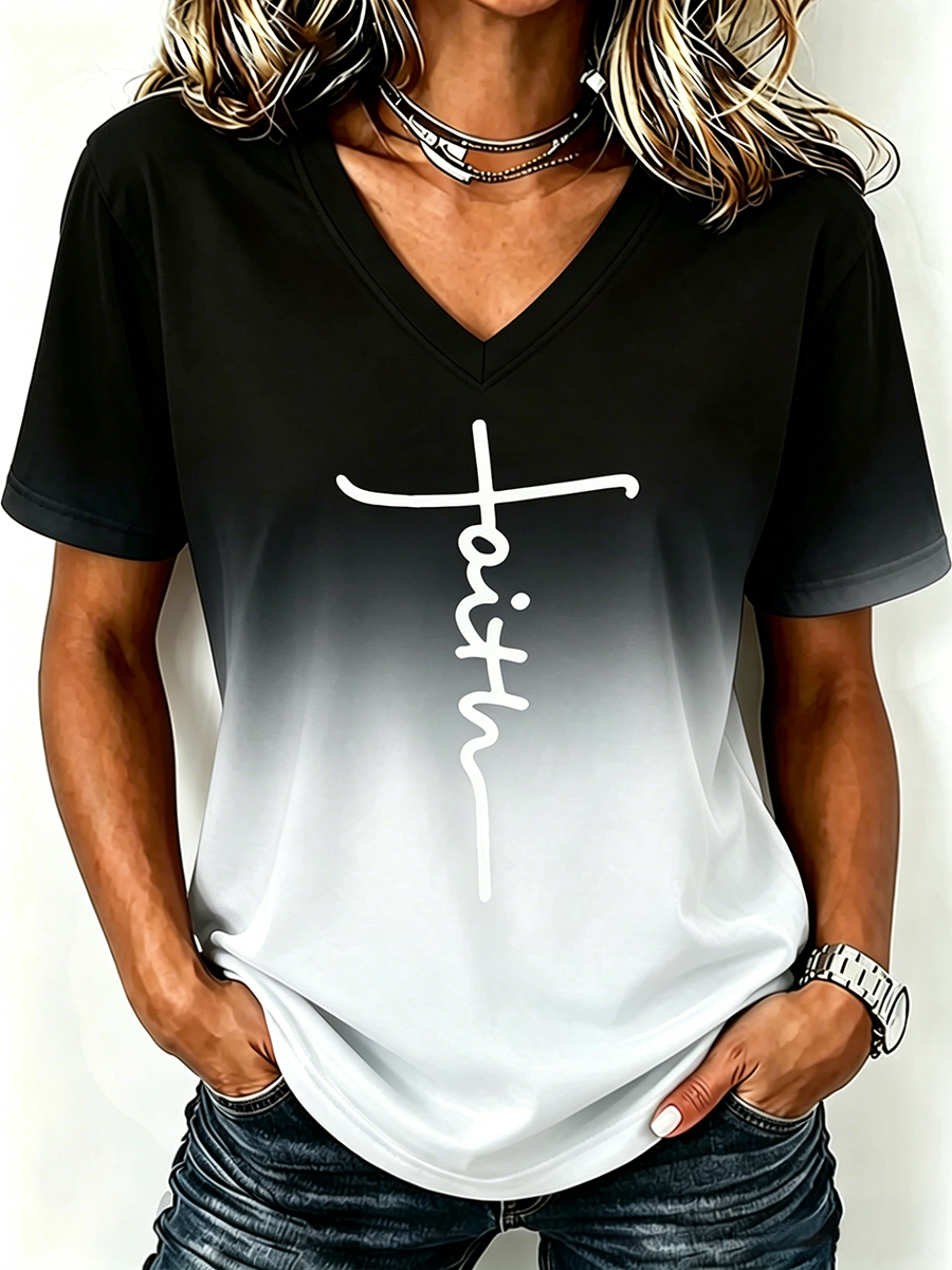 Faith Cross Print Gradient V-Neck Top