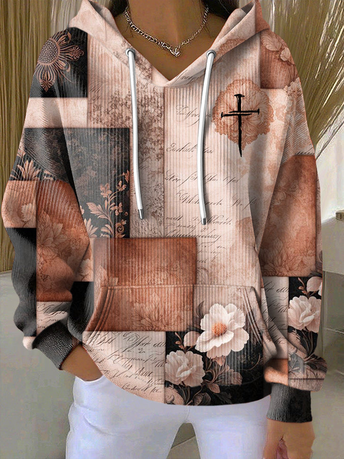 Jesus Cross Print Hooded Knitted Long Sleeved Sportswear