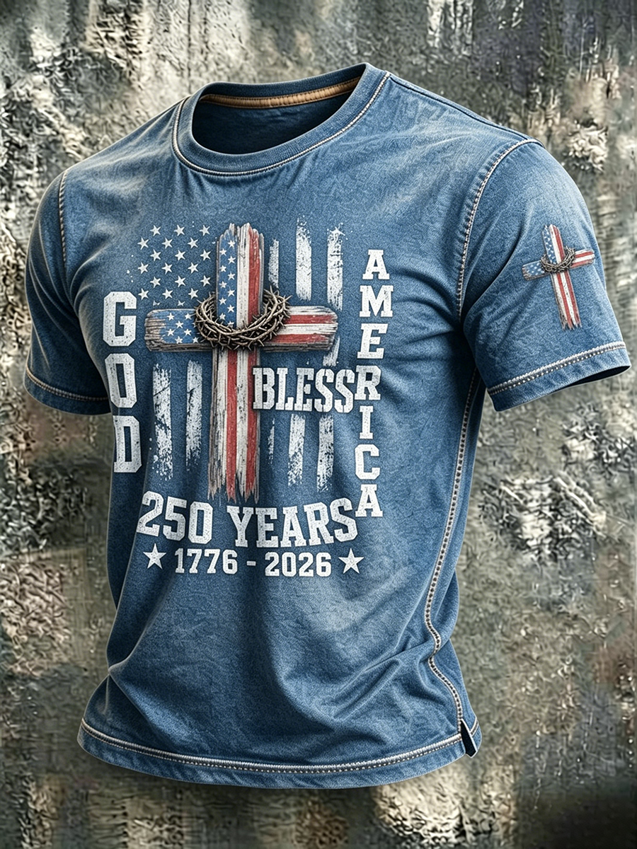 American Flag Faith Printed Round Neck T-shirt