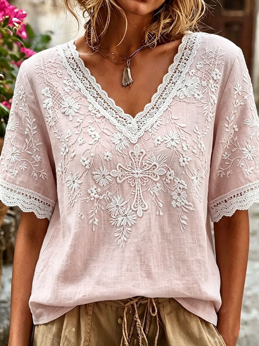 Women's cotton and linen floral top