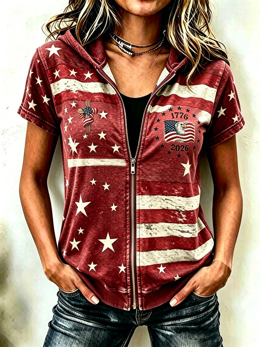 Women'S Casual Flag Faith Summer Short Sleeved Hooded Top