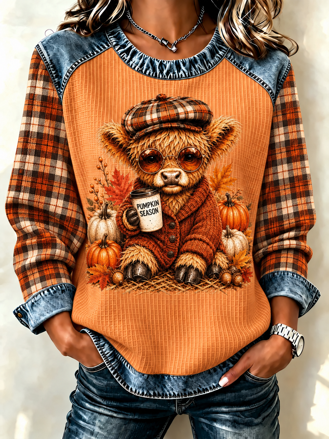 Women's Retro Highland Cattle Print Casual Long Sleeved Top