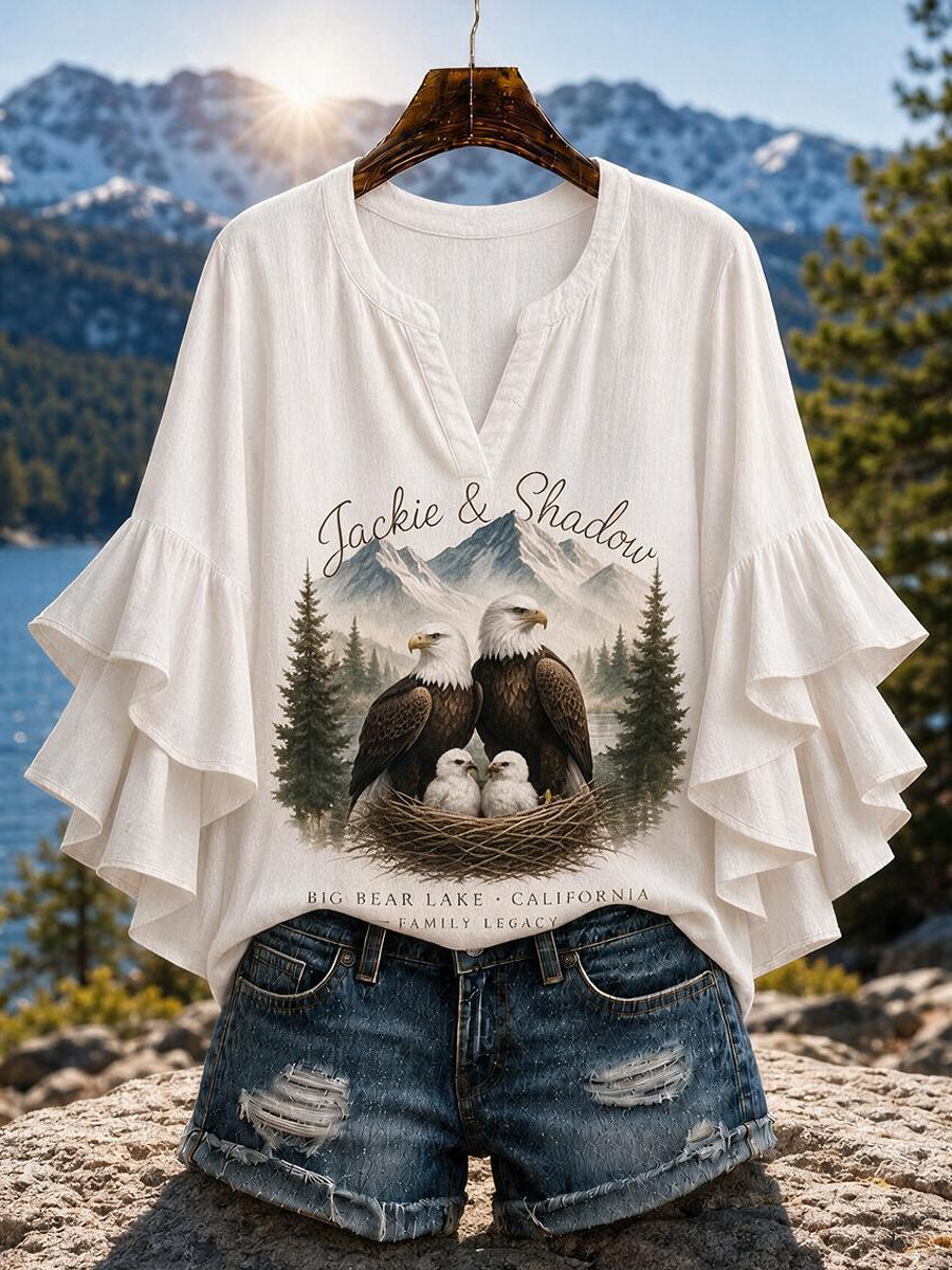 Jackie And Shadow Women'S Eagle Flower Ruffle Sleeve Shirt