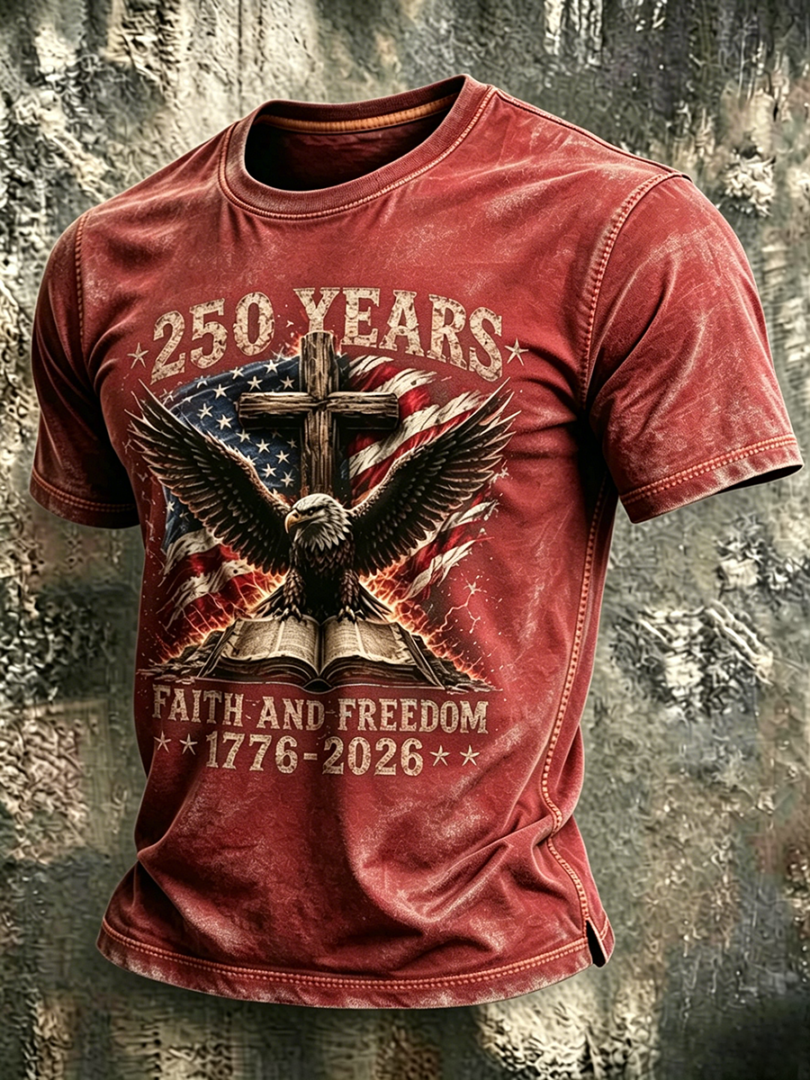 American Anniversary Celebration Commemorative Faith Printed Round Neck T-Shirt