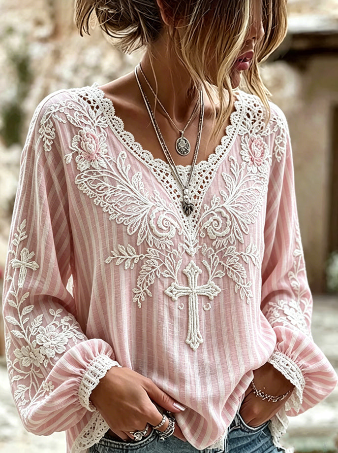 Women'S Faith Flower Art Printed Cotton And Linen Shirt