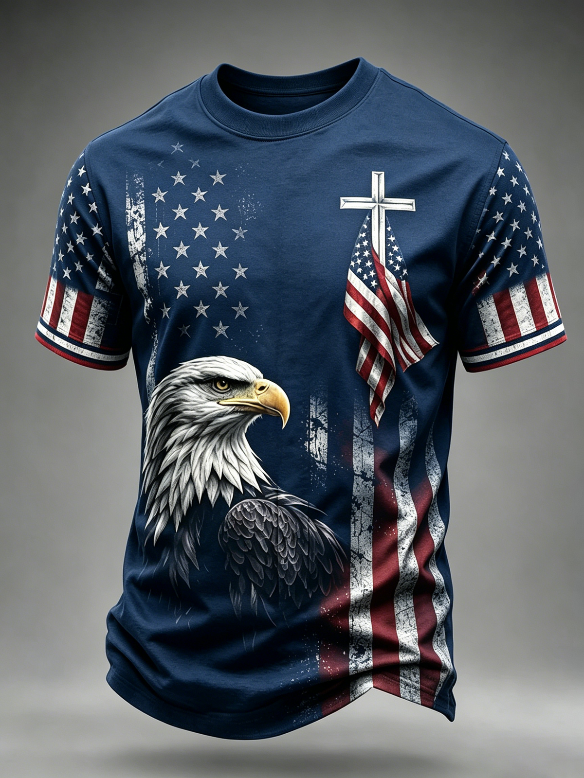 American Flag Eagle Casual Printed Round Neck T-shirt