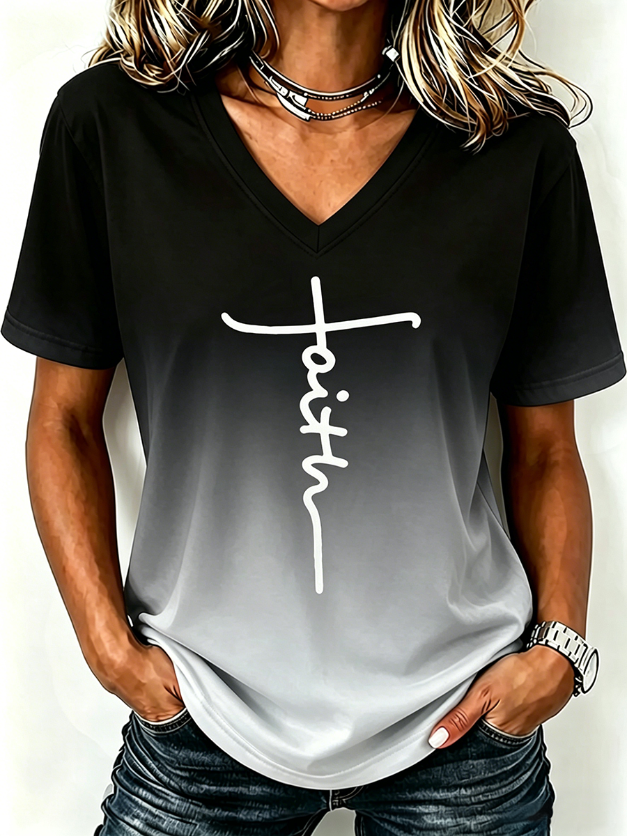 Faith Cross Print Gradient V-Neck Top