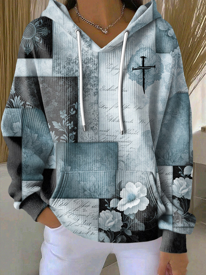 Jesus Cross Print Hooded Knitted Long Sleeved Sportswear