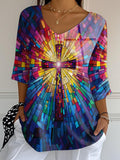 Women's Stained Glass Cross Print V Neck 3/4 Sleeve Casual Top