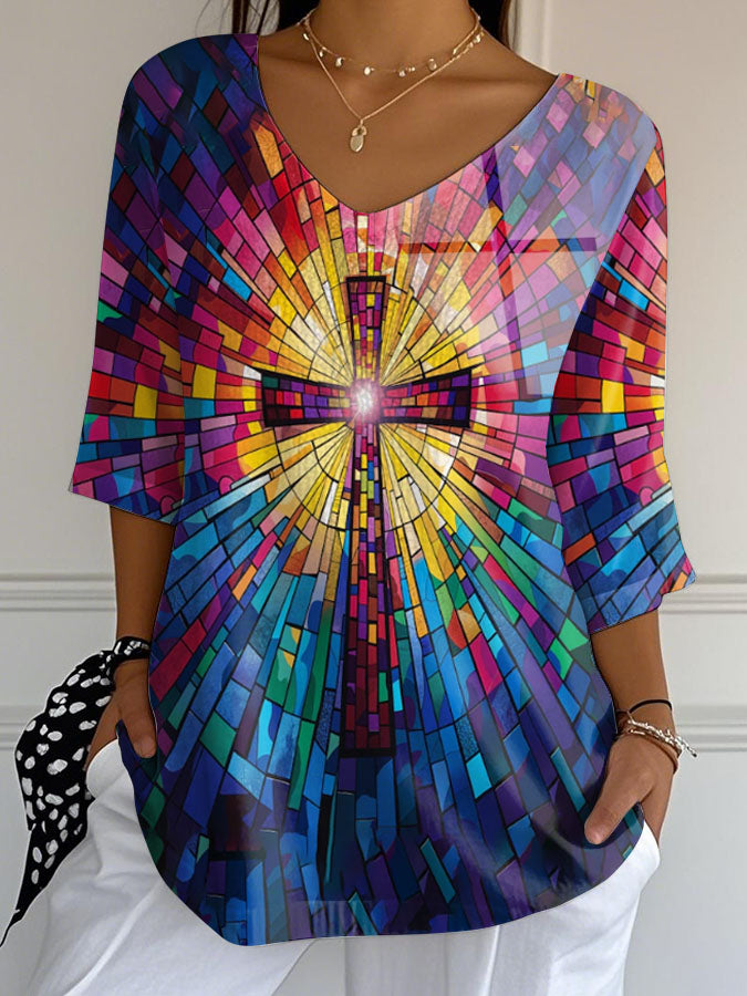 Women's Stained Glass Cross Print V Neck 3/4 Sleeve Casual Top