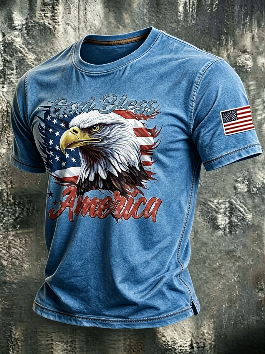 God Bles America Eagle Faith Commemorative Printed Round Neck T-Shirt