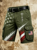 Men's Vintage Religion American Flag&Forest Print Cargo Shorts