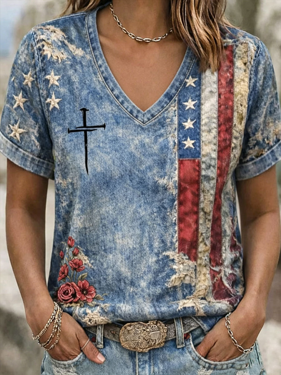 Women's Casual Faith-Print T-Shirt for Independence Day
