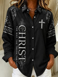 Christ Cross Collar Button Up Long Sleeved Shirt