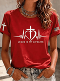 Women's Jesus Is My Lifeline Heartbeat Cross Flag Sleeve Casual Short Sleeve Tee