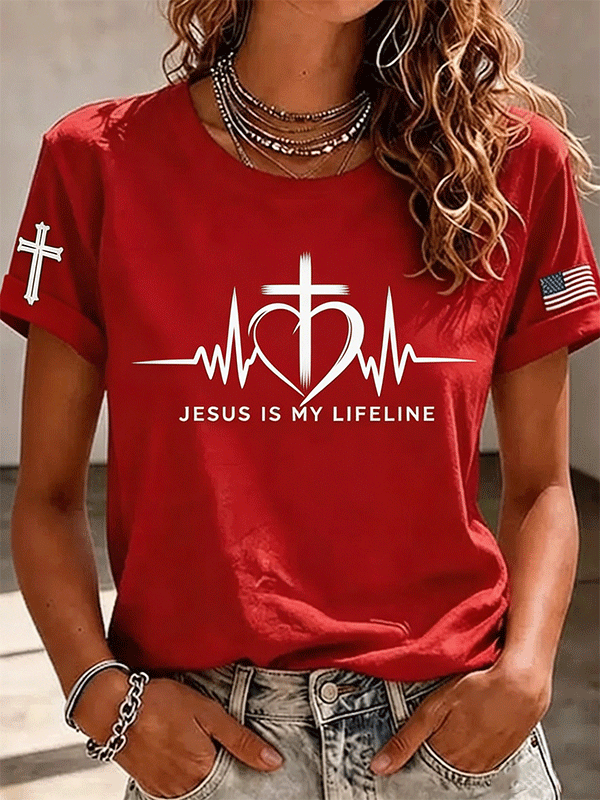Women's Jesus Is My Lifeline Heartbeat Cross Flag Sleeve Casual Short Sleeve Tee