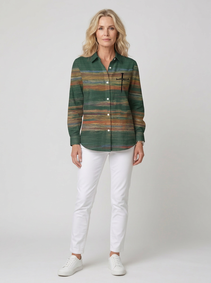 Women's Autumn Faith Cross Striped Printed Button-up Shirt