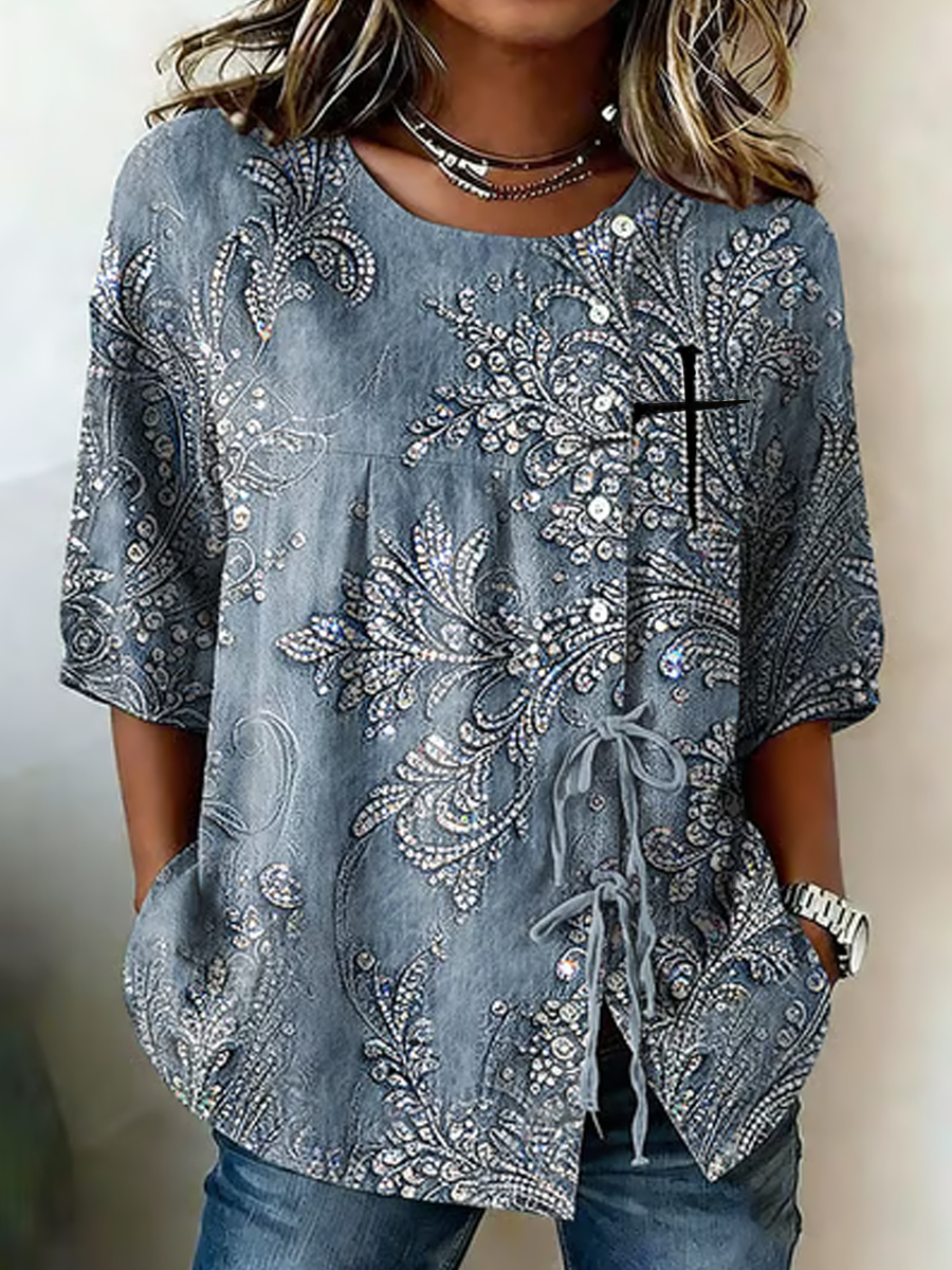 Women'S Retro Floral Button Lace Up Tie Shirt