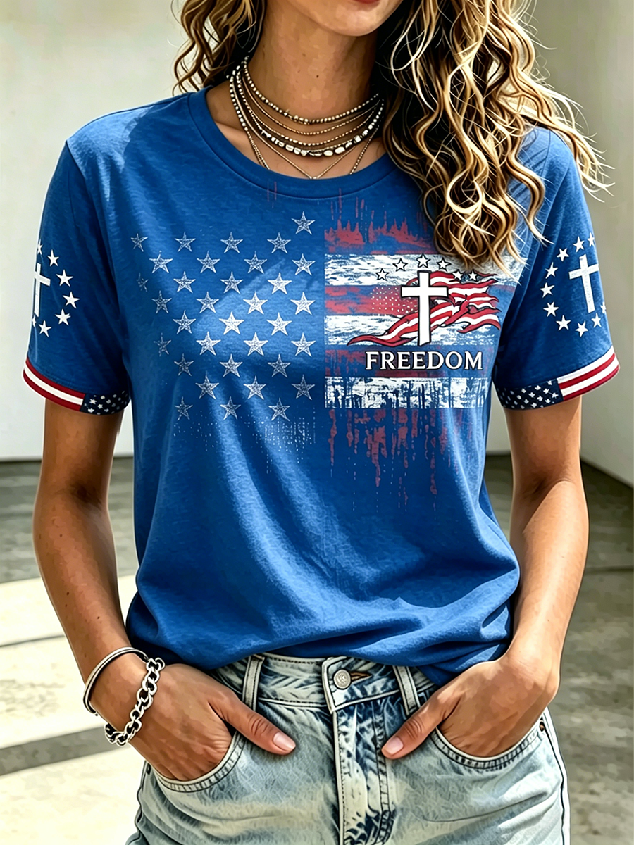 American Flag Faith Cross Commemorative Print Round Neck T-Shirt
