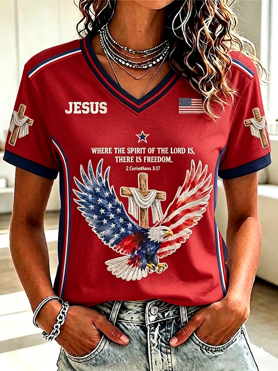 250Th Anniversary Faith Glitter Printed V-Neck Short Sleeved T-Shirt In The United States