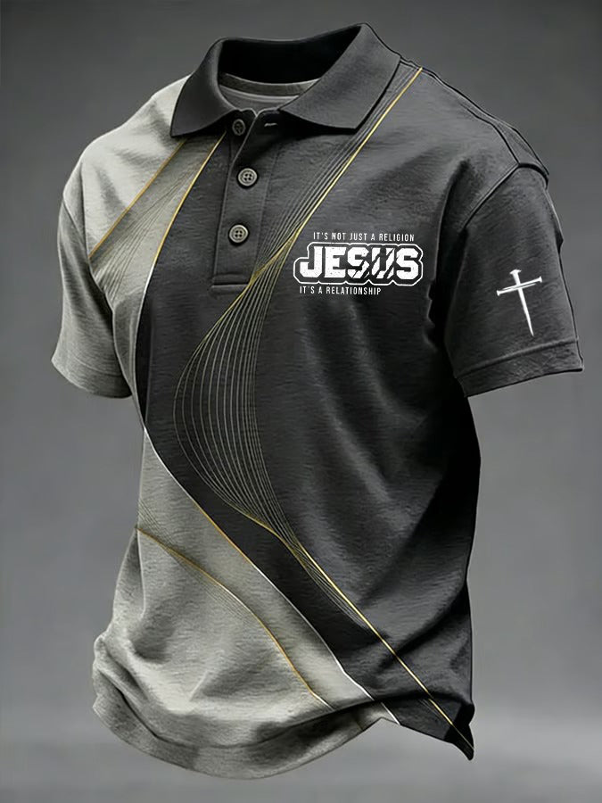 Men's Retro Faith Cross Print Casual Polo Shirt