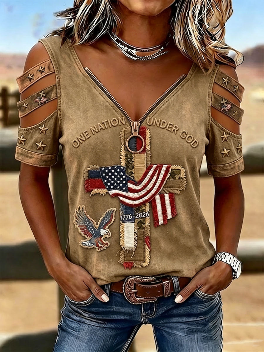 Female Casual Hollowed Out Patriotic T-Shirt