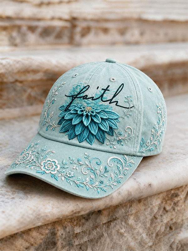 Faith Floral Embroidered Distressed Baseball Cap