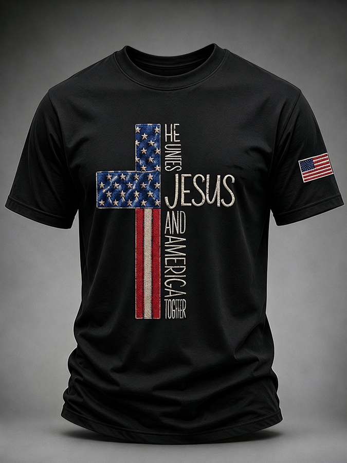 Men's He Unites Jesus And America Together USA Flag Cross Embroidery Patriotic Crew Neck Short Sleeve T-Shirt
