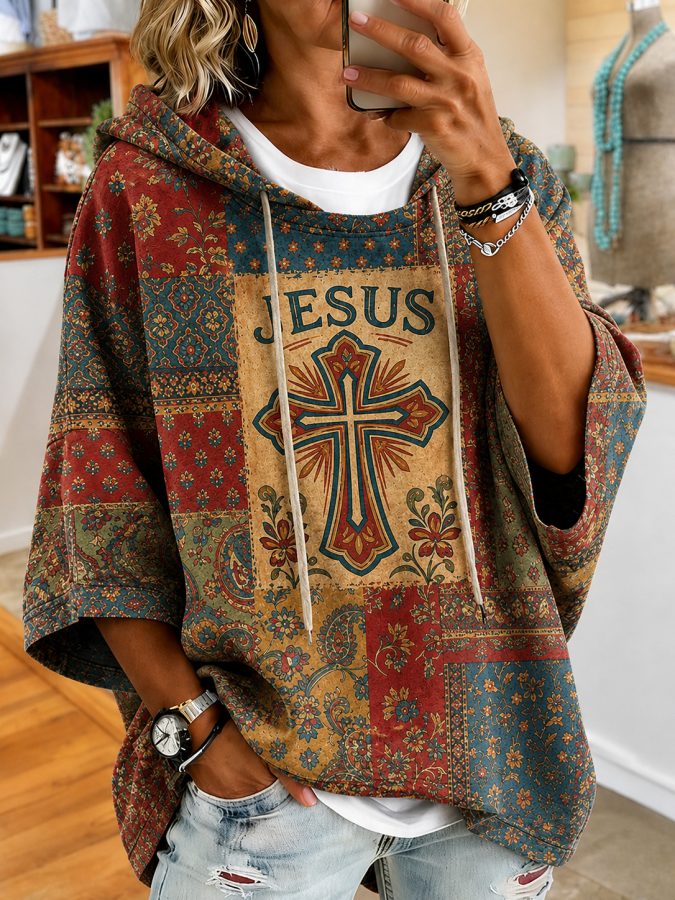 Women'S Retro Faith Cross Loose Top