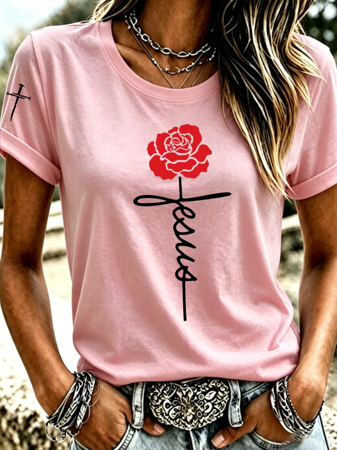 Women's Jesus Rose Cross Printed Casual T-Shirt