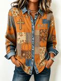 Women'S Fall Faith Cross Printed Lapel Long Sleeved Shirt