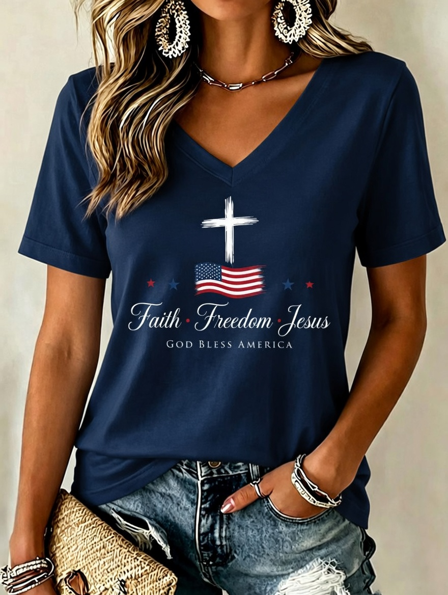 Women's Faith Freedom Jesus God Blessing America Printed T-shirt