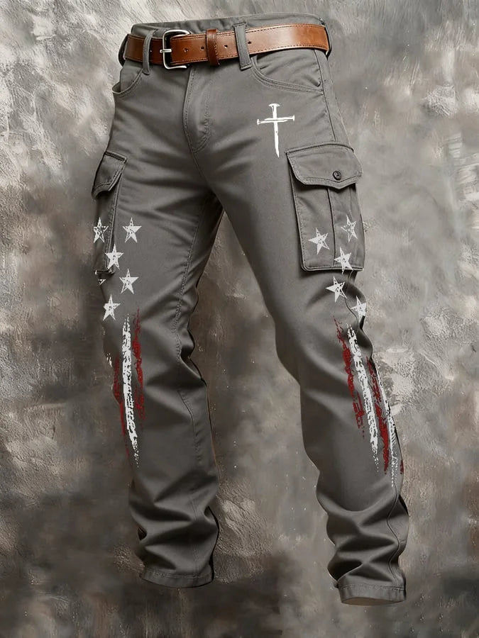 Men'S Casual American Flag Faith Cross Personalized Printed Workwear Pants